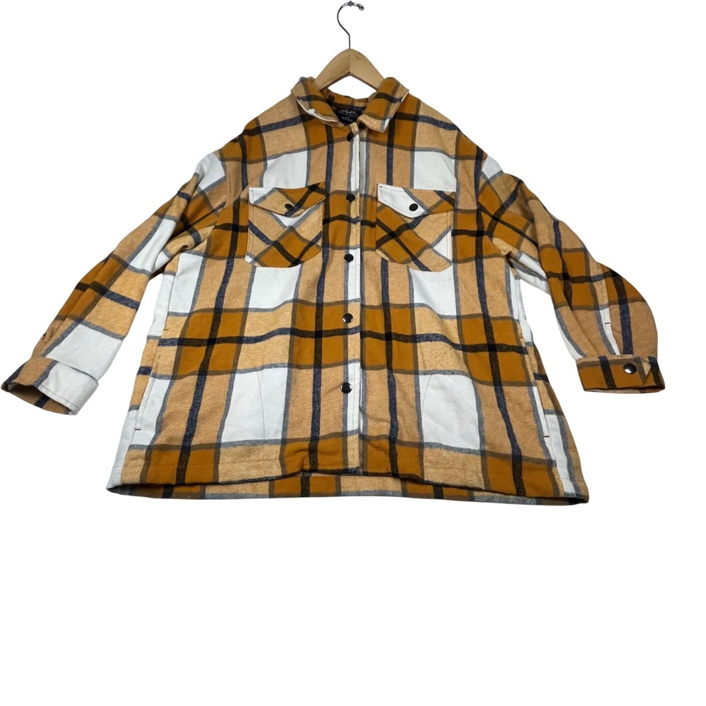 HFX Mens Mustard Yellow Plaid Wool Blend Fleece Lined Snap Front Shacket Large